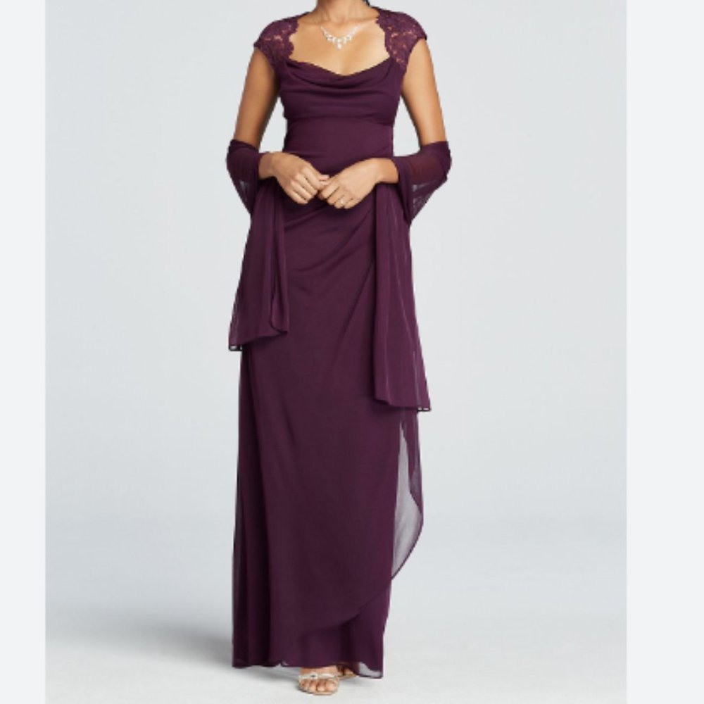 XSCAPE  Cap Sleeve Jersey Dress With Lace Detail and Shawl - Plum